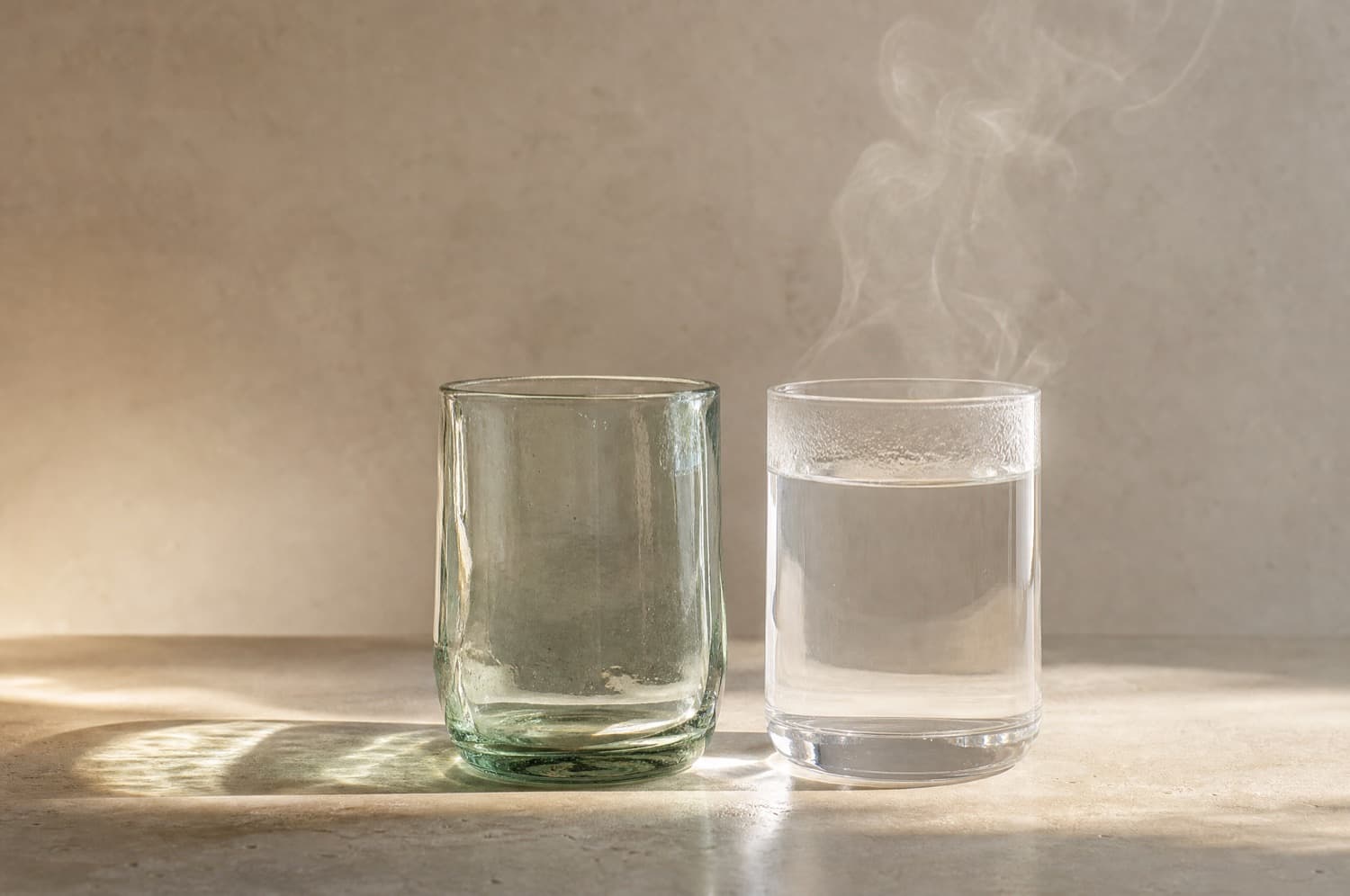 Two plain drinking glasses side by side, one thicker soda-lime and one thinner borosilicate with a hot drink steaming in it.