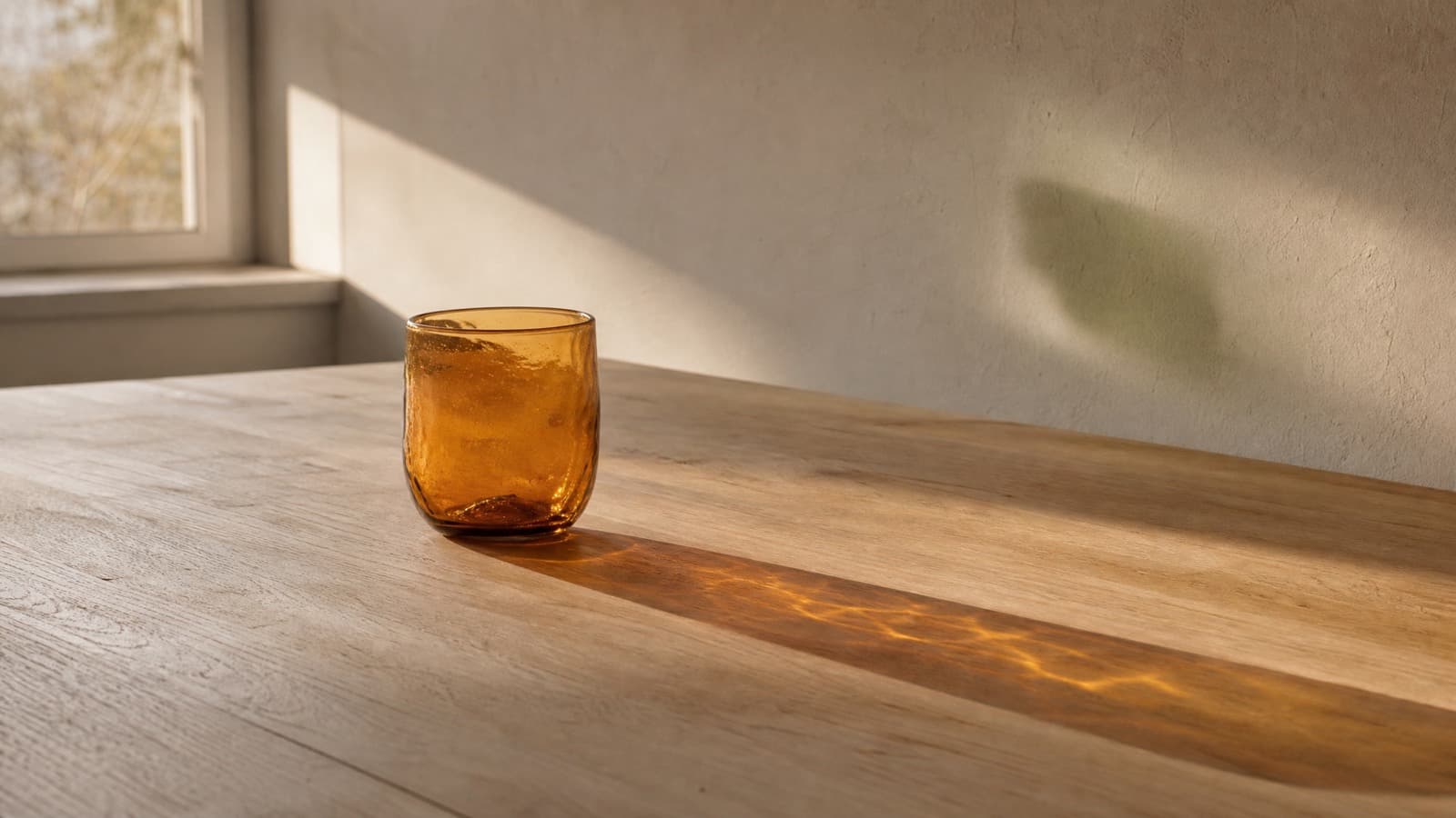An amber drinking glass on a pale oak table in low afternoon sun, throwing a long amber patch of light across the wood and a faint green patch onto the plaster wall behind.