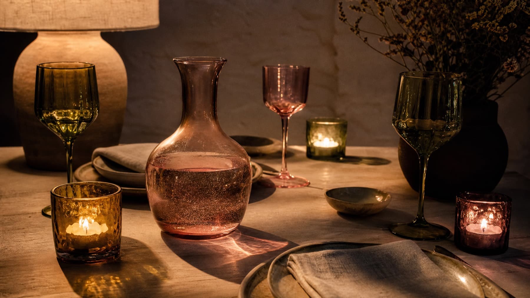 A dining table at night lit only by candles in coloured glass holders and one warm lamp, with colour pooling on the tablecloth.