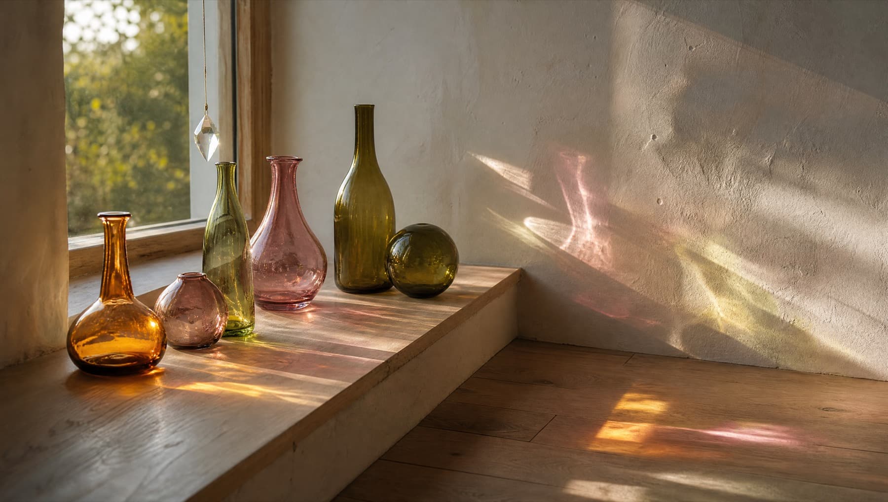 A wide windowsill holding coloured glass vases and a hanging prism, with low sun throwing their colours in overlapping patches across the sill, the floorboards and the plaster wall.