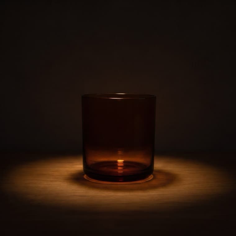 Water Glass 250 ml in amber, photographed under evening lamp: one small table lamp at night, about 2200 k.