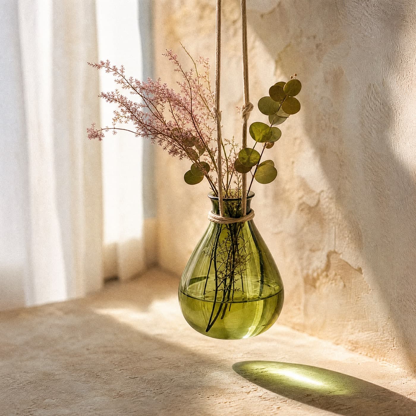 Glass-green teardrop vase hanging on a cord in a bright window, throwing a moving green patch on the floor.
