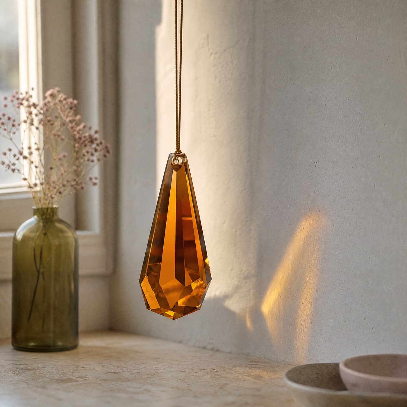 Faceted amber glass prism hanging in a window, throwing a bright amber patch across a white wall.