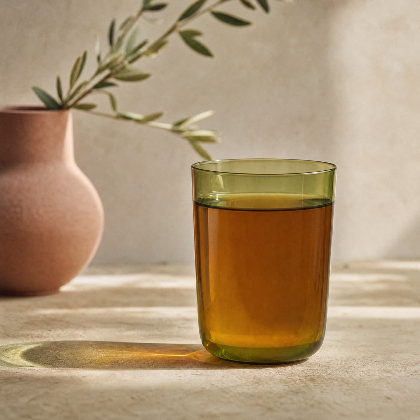 Glass-green borosilicate tea glass holding amber tea, lit from behind on a windowsill.