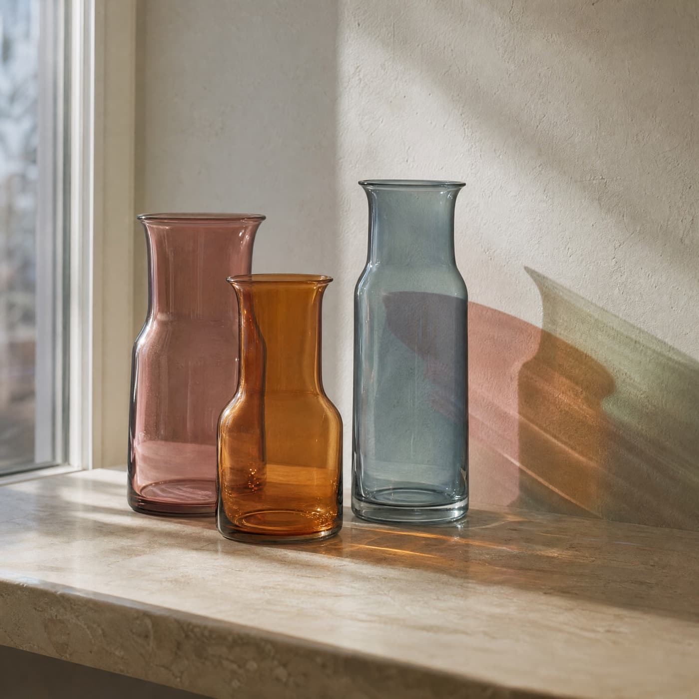 Three glass vases of different heights and colours grouped on a windowsill, their coloured casts overlapping on the wall.